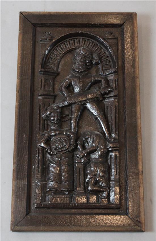 An early 17th century French oak panel, 19.5 x 10.5in.